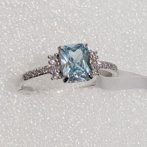 NWT Bomb Party Stunning LC Emerald Cut Aquamarine CZ Rhodium Plated Size 10 Ring
